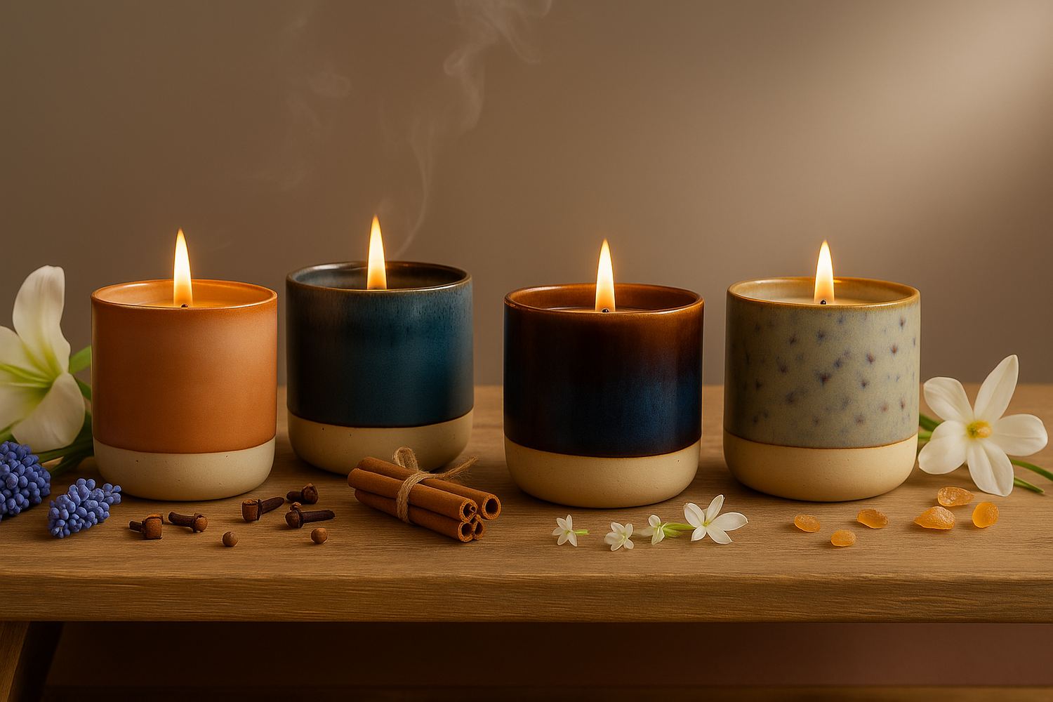 Ylura navulbare geurkaars in handgeglazuurde keramische houders Blush, Sage, Iron en Dusk brandend en omringd door natuurlijke ingrediënten.