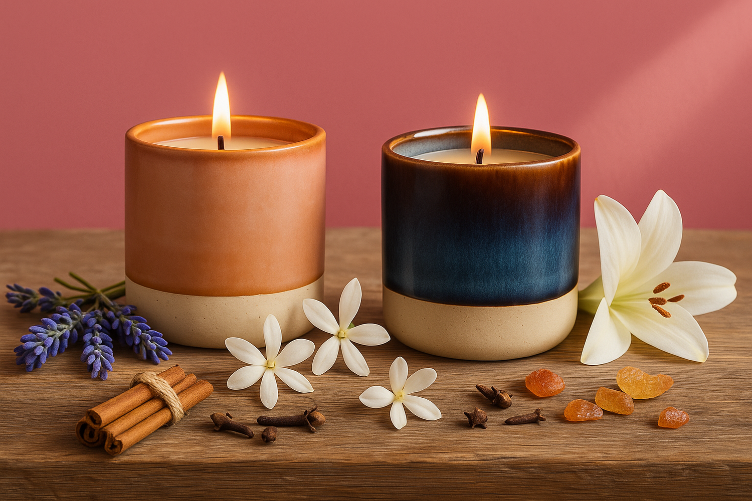 Ylura kaarshouders Iron en Blush met brandende kaars en ingrediënten