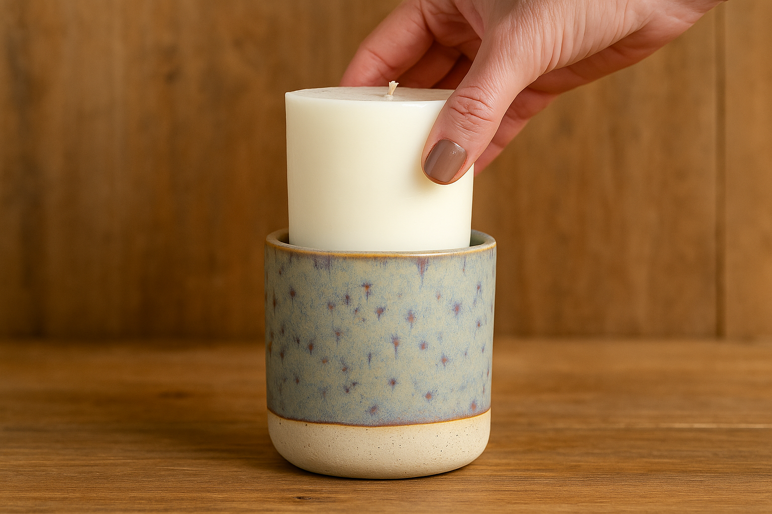 Ylura navulbare geurkaars in hand vastgehouden en bijvullen in handgeglazuurde Sage keramische houder.