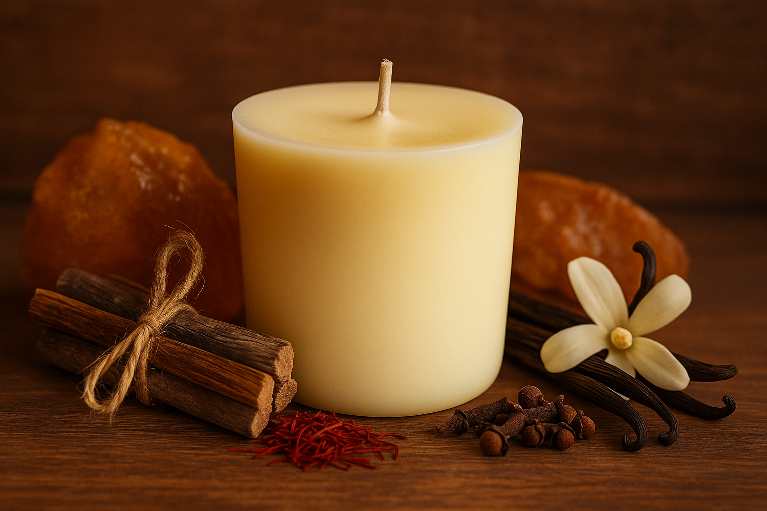 Ylura Amber Glow navulbare luxe geurkaars met katoenen lont en warme tonen van sandelhout, saffraan, amber en vanille.