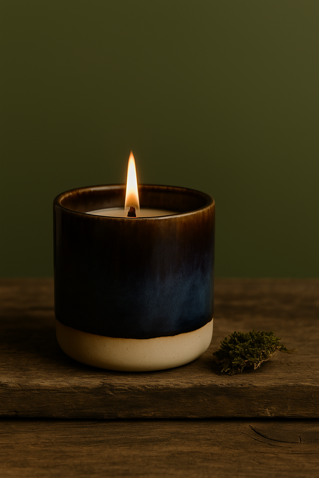 Ylura navulbare kaarshouder Iron met brandende kaars - handgeglazuurd donkerblauw met bruine rand