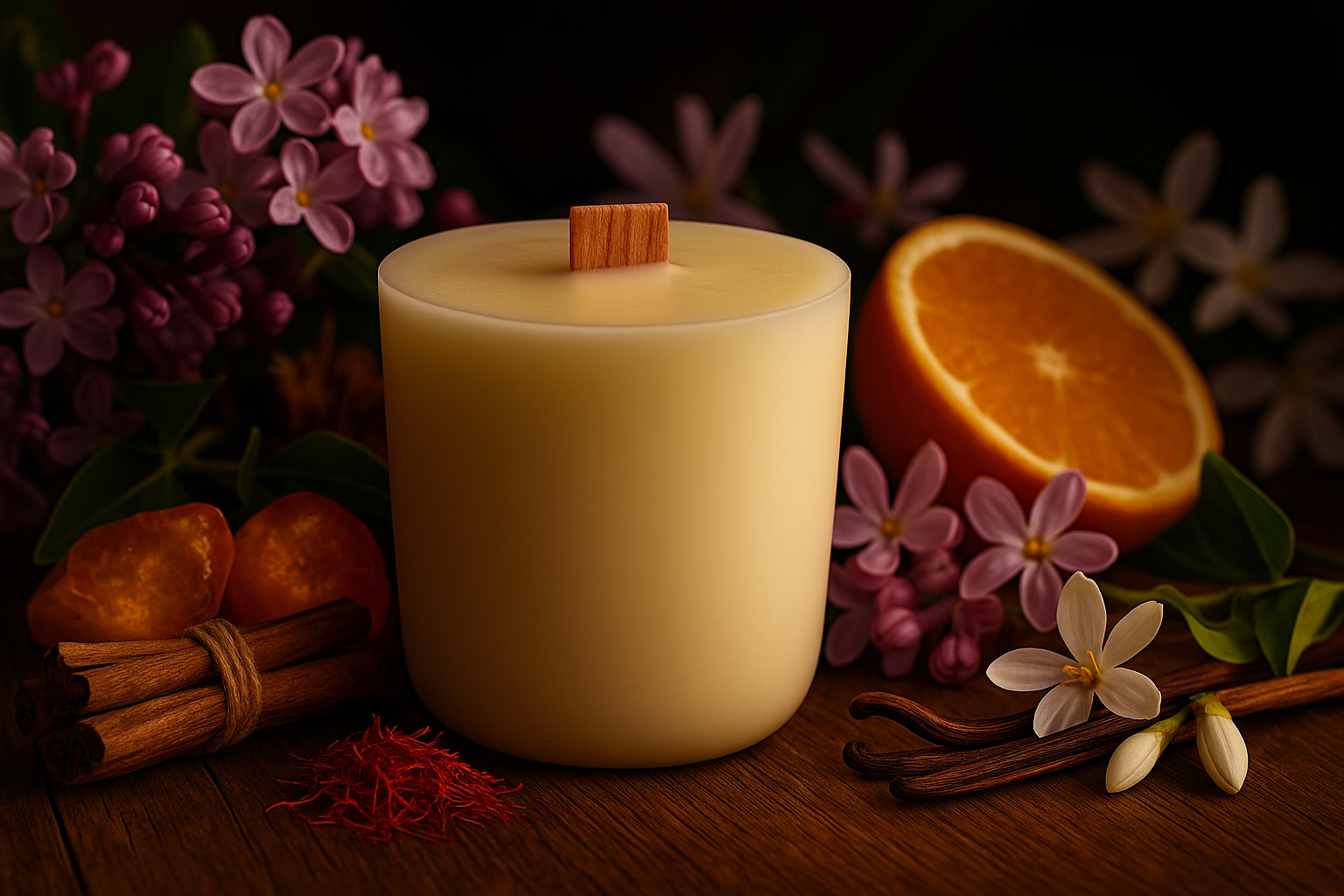Ylura Blossom Breeze navulbare luxe geurkaars met houten lont en zoete bloemige tonen van jasmijn, honingbloesem en citrusmuskus.
