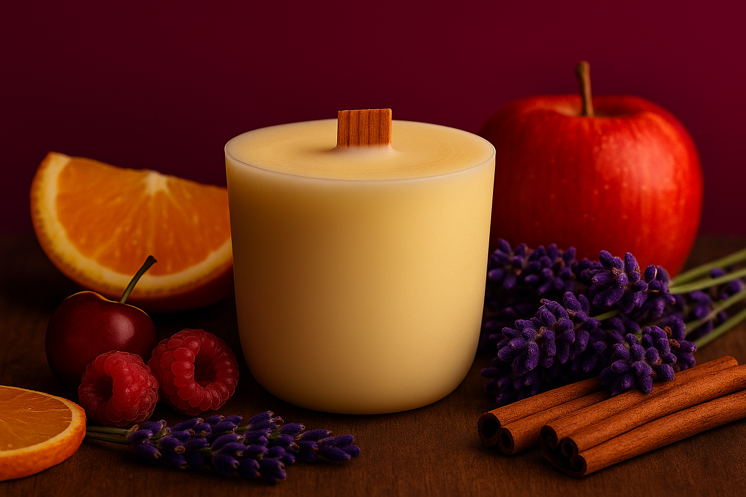 Ylura Warm Orchard navulbare luxe geurkaars met houten lont en warme tonen van lavendel, appel en sinaasappel.