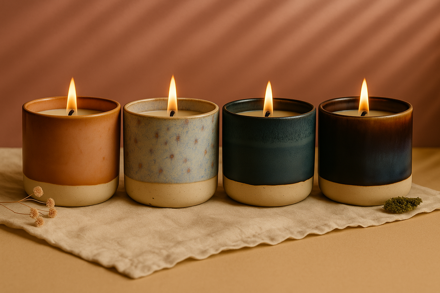 Ylura navulbare geurkaarsen in handgeglazuurde keramische houders Blush, Sage, Dusk en Iron, brandend naast elkaar in warm natuurlijk licht.