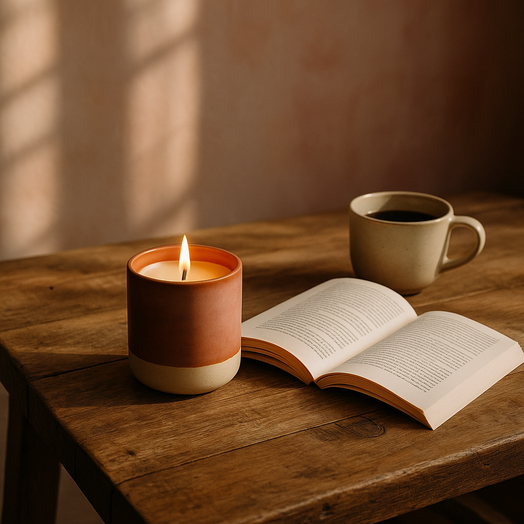 Ylura navulbare geurkaars in handgeglazuurde Blush keramische houder, brandend naast een kop koffie en boek in warm natuurlijk licht.