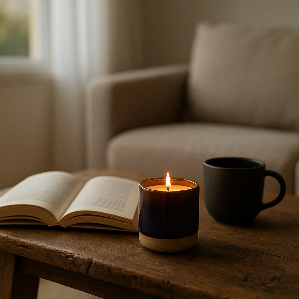 Sfeerfoto Ylura kaarshouder Iron op houtentafel omringd door een boek en een kop koffie