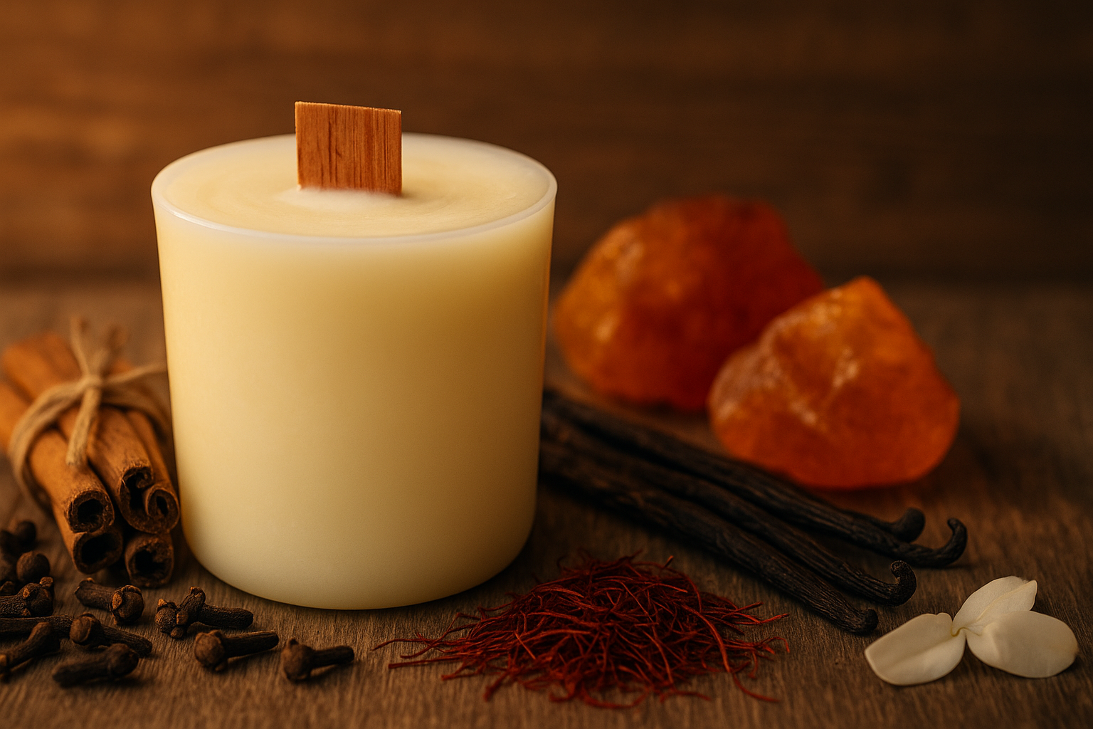 lura Amber Glow navulbare luxe geurkaars met houten lont en warme tonen van sandelhout, saffraan, amber en vanille.