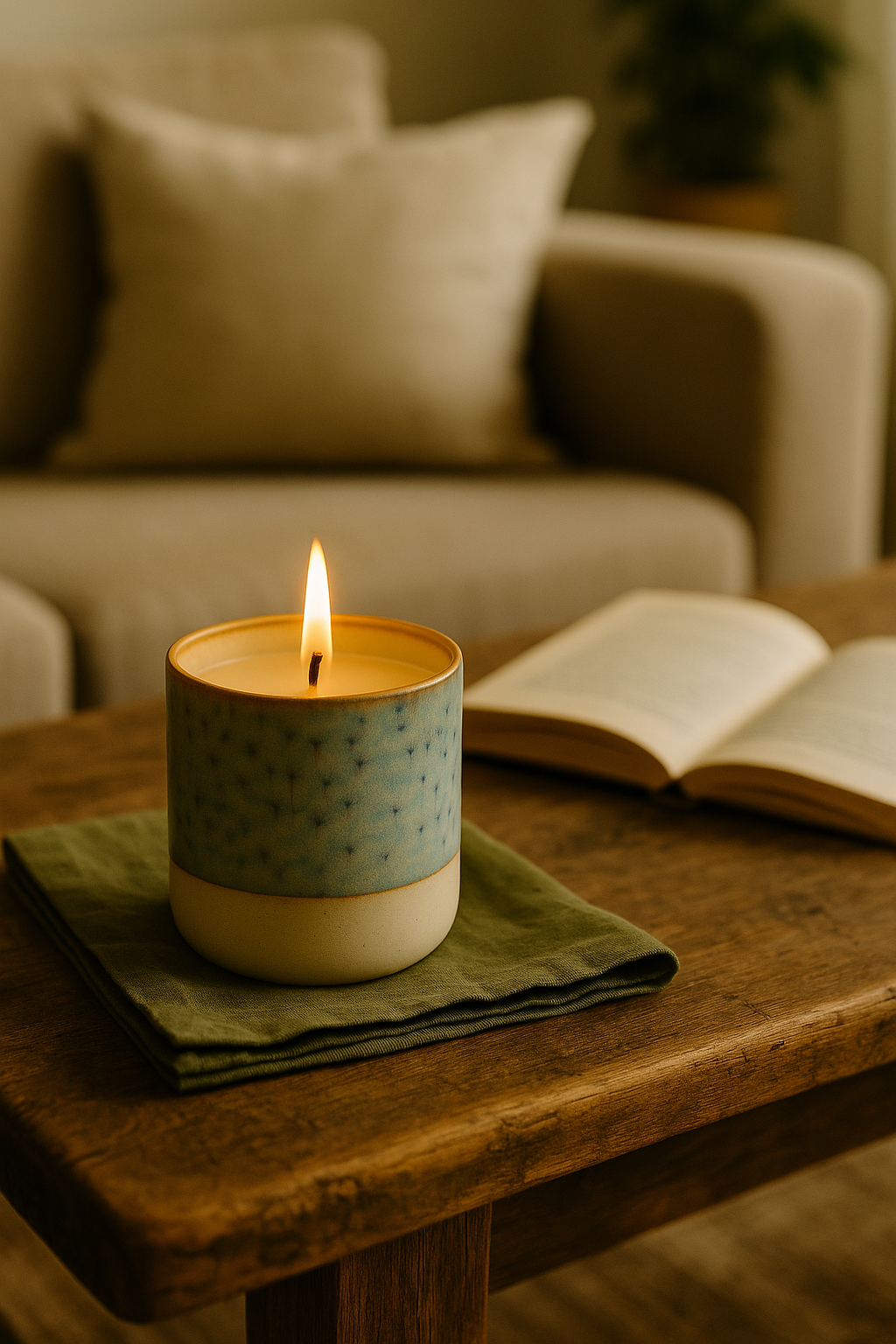 Ylura navulbare geurkaars in houder Sage sfeervol op een houten tafeltje