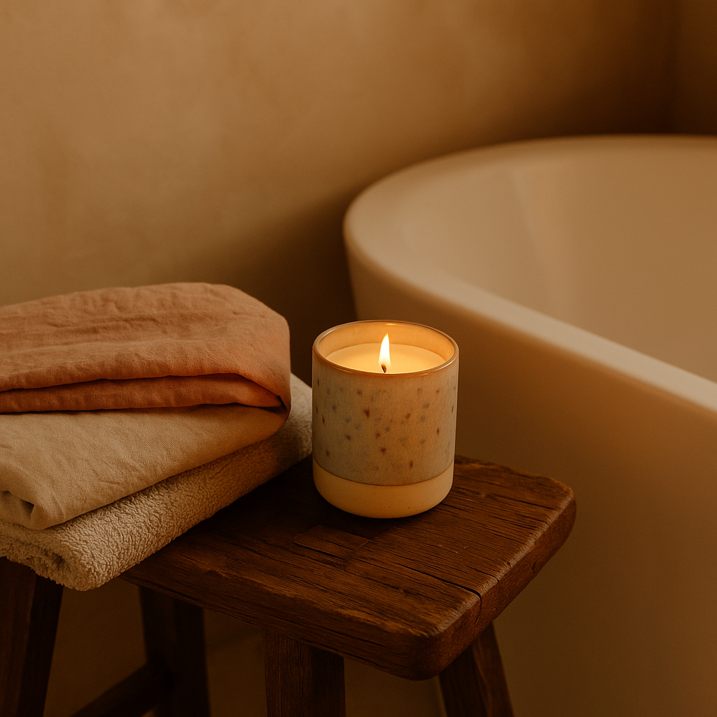 Ylura navulbare geurkaars in kaarshouder Sage bij een bad