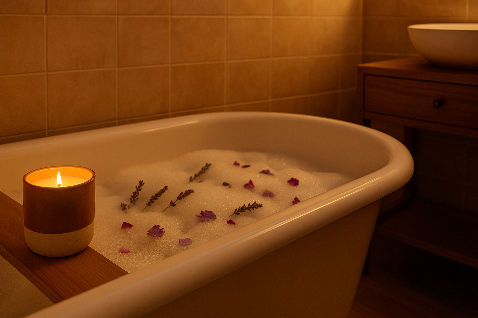 Navulbare Ylura geurkaars in keramische kaarshouder op badrand met schuim, lavendel en rozenblaadjes in warme, sfeervolle badkamer.