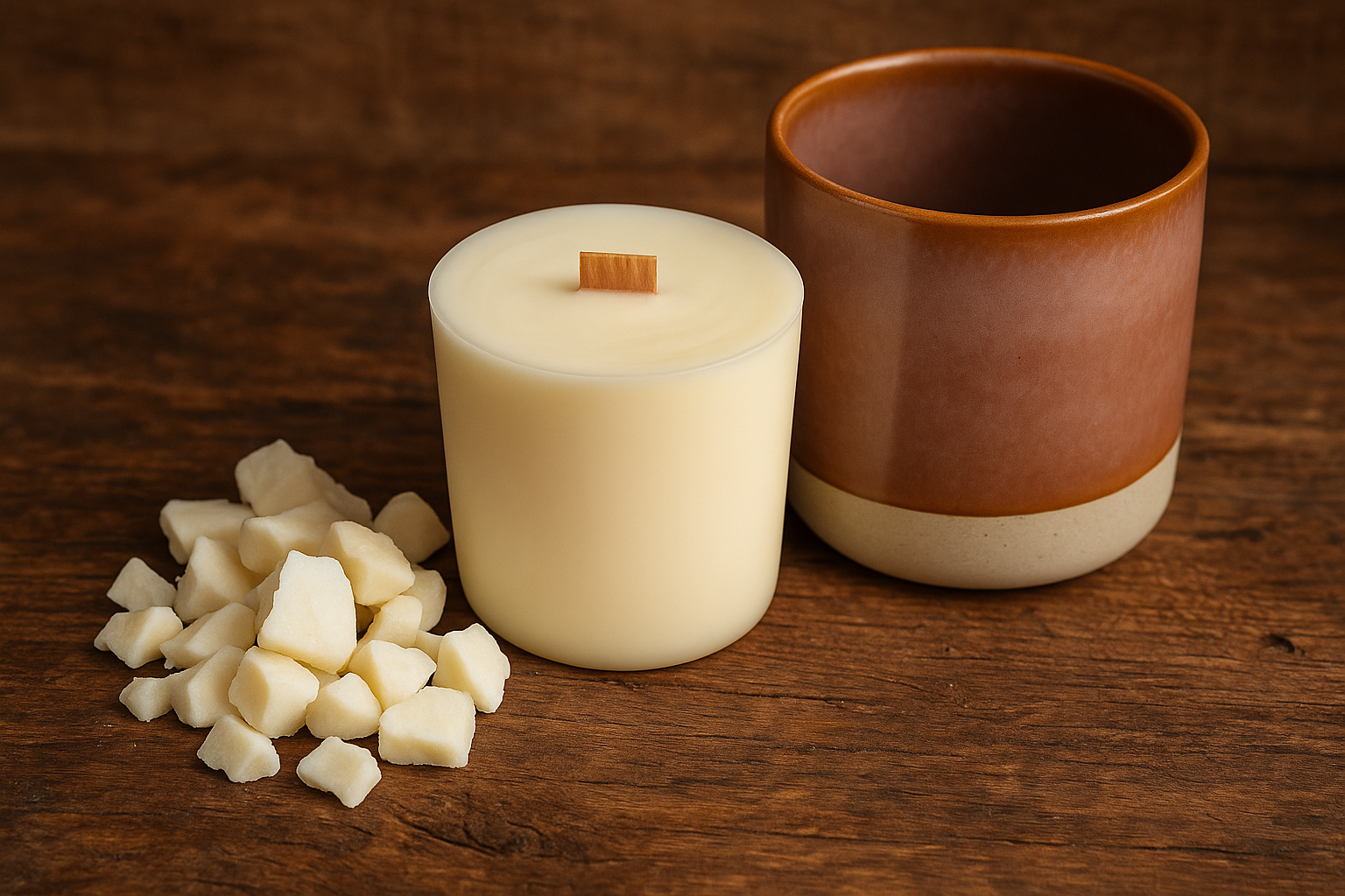 Ylura navulbare geurkaars in handgeglazuurde Blush keramische houder met geurkaars met houten lont en koolzaad er naast. 