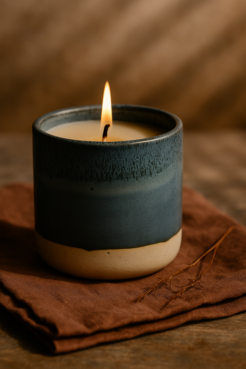 Ylura navulbare kaarshouder Dusk met brandende kaars - handgeglazuurd blauw grijs