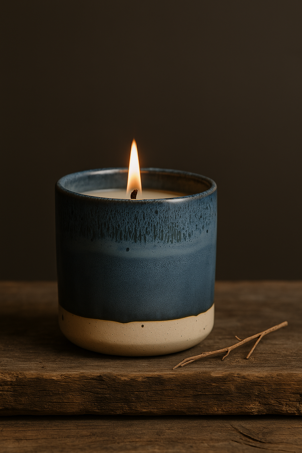 Ylura navulbare kaarshouder Dusk met brandende kaars - handgeglazuurd blauw grijs