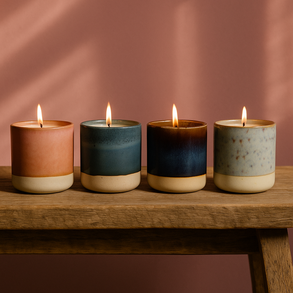 Ylura navulbare geurkaarsen in  handgeglazuurde keramische houders Blush, Sage, Dusk en Iron, brandend naast elkaar op een houten bankje. 